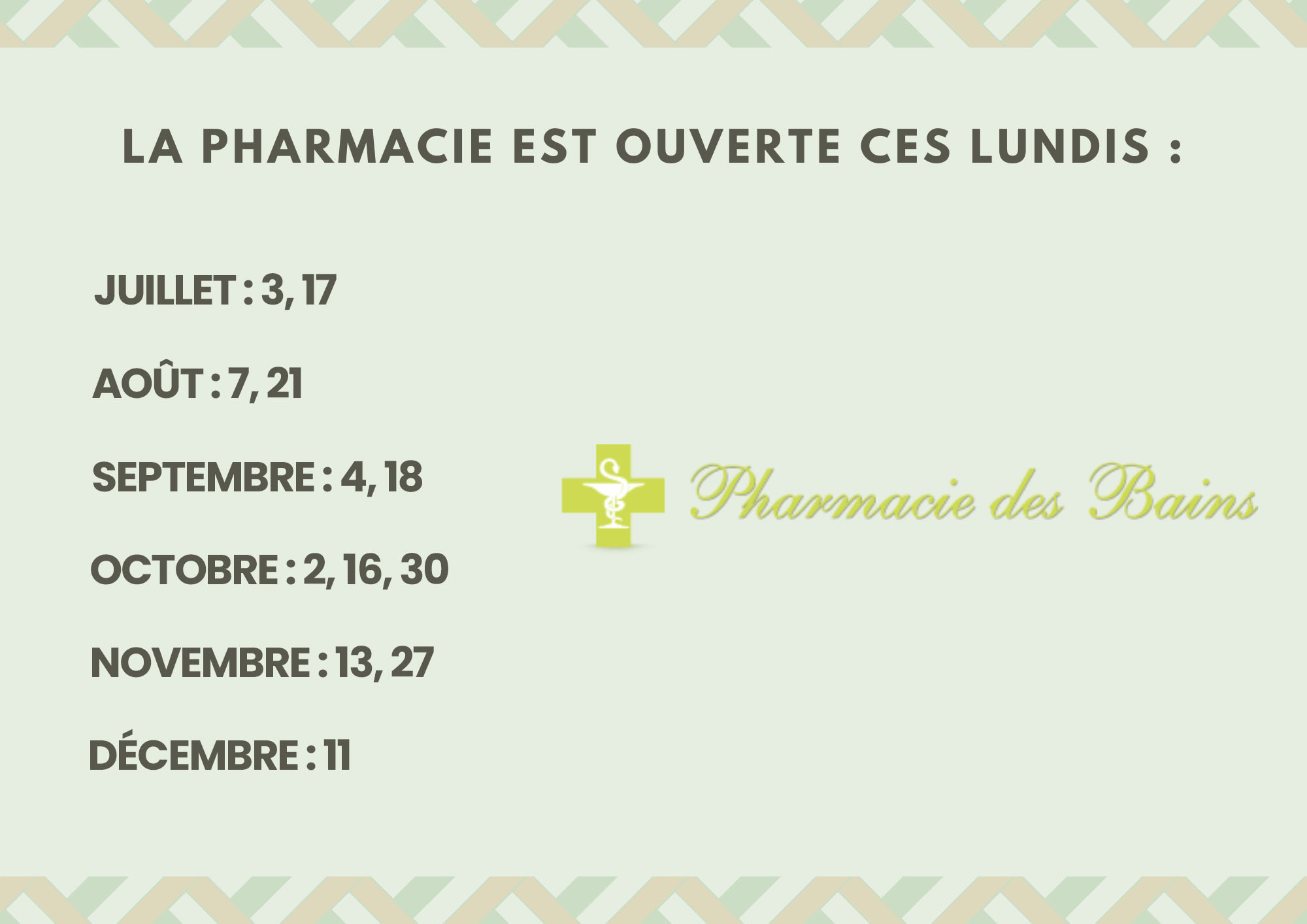 Ouvertures lundi - Pharmacie des Bains